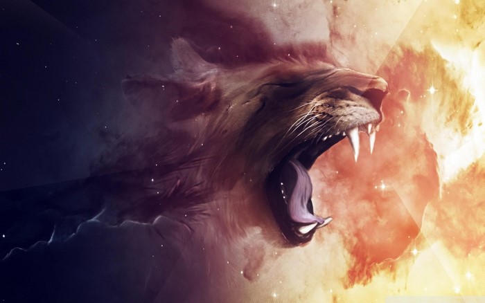 Lion roaring in space with nebula