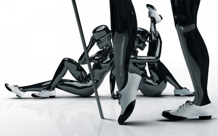 Shiny mannequins in hats and shoes with a cane
