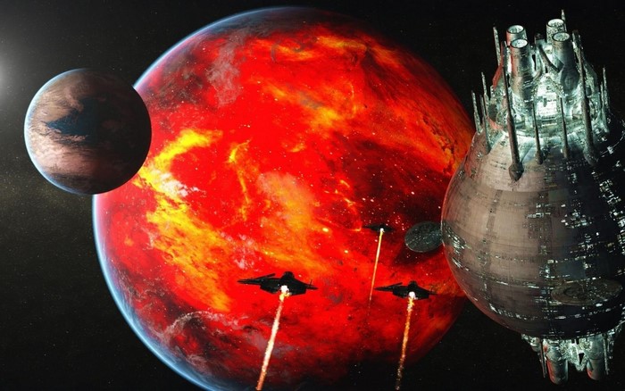 Spaceship near a red planet and moon
