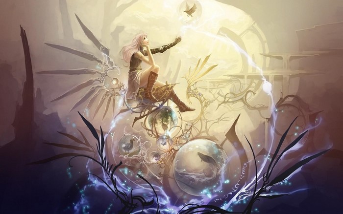 Fantasy art painting of a winged woman with pink hair