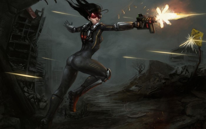 Woman in tactical suit firing a weapon in a ruined city