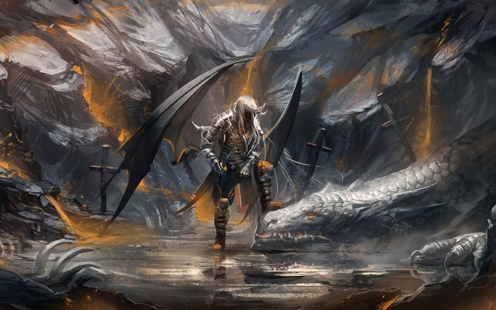 Fantasy art of a winged figure and a dragon