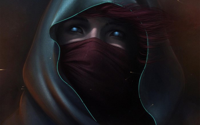 Close up portrait of a hooded figure with glowing blue eyes