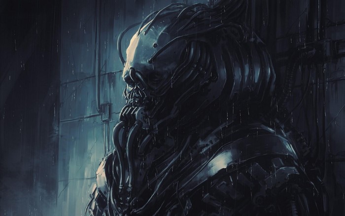 Dark sci-fi character in rain