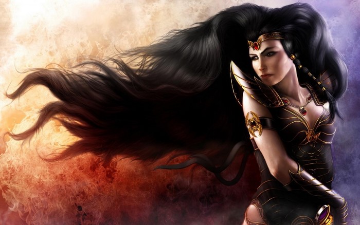 Fantasy art of a woman warrior with long black hair