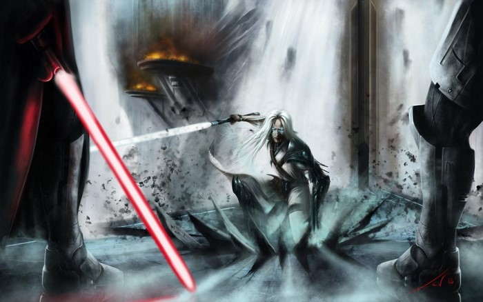 Sith and Jedi duel with lightsabers in a ruined city