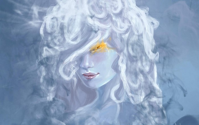 Fantasy art of a woman with cloud-like hair