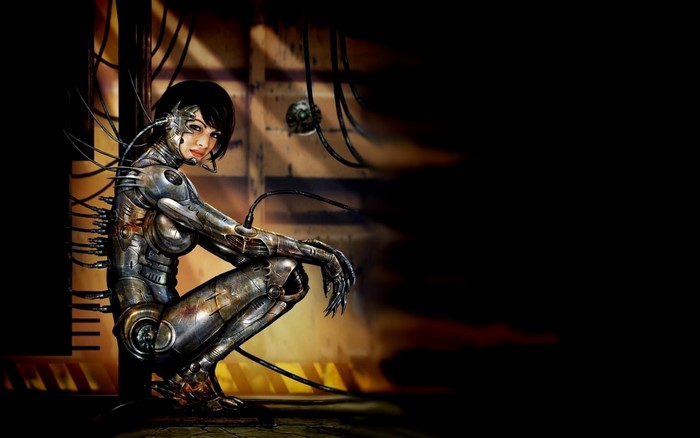 Cyborg woman with wires in dark environment