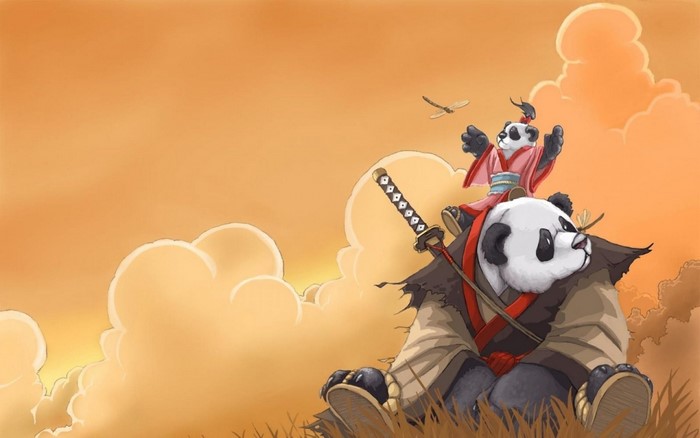 Two pandas, one adult and one child, with a sword