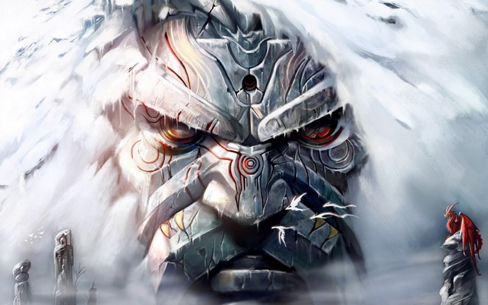 Giant stone face with red eyes and snow