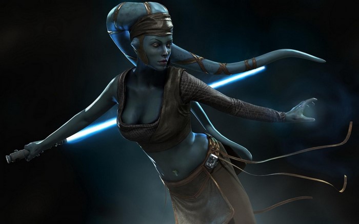 Aayla Secura from Star Wars with a lightsaber