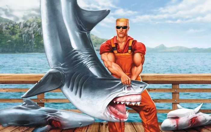 Duke Nukem holding a shark