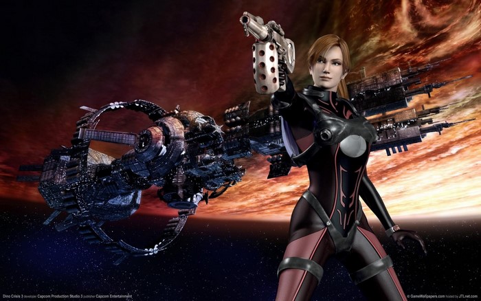 Regina from Dino Crisis 3 holding a gun in space