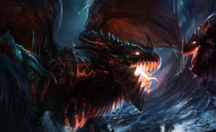 Deathwing from Warcraft fighting another dragon in the ocean