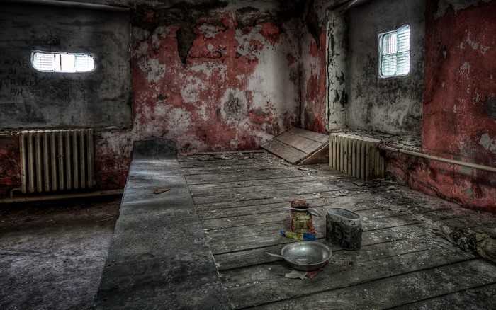 Abandoned room with bed and windows