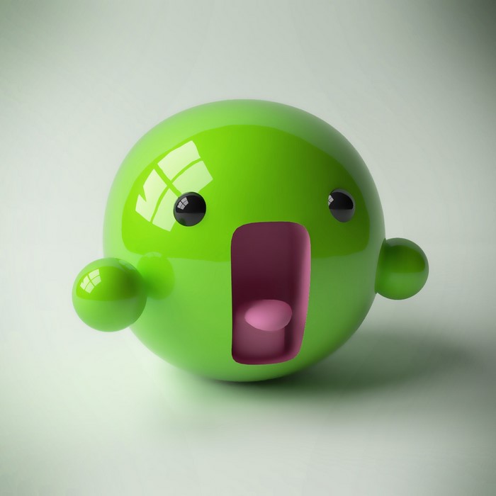 Green cartoon sphere character with open mouth