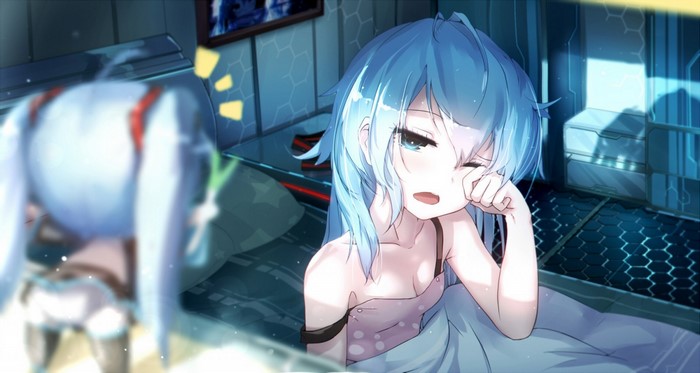 Anime girl with blue hair waking up