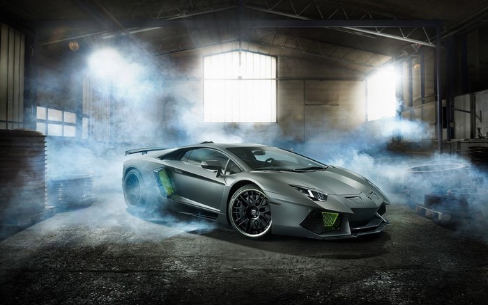 Lamborghini Aventador in a smoky garage