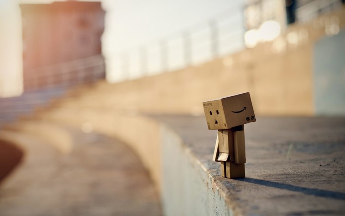 Danbo toy standing on a ledge outdoors