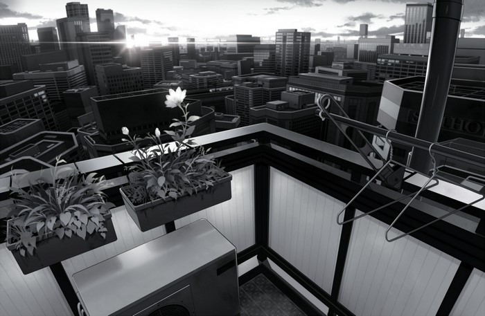 Monochrome cityscape with balcony plants and clothes hangers
