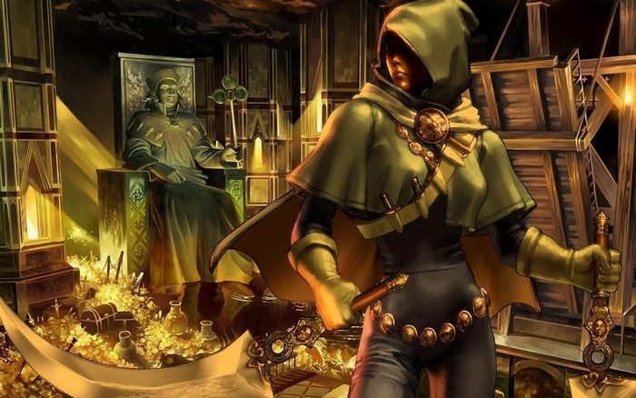 Thief in a treasure room with a statue