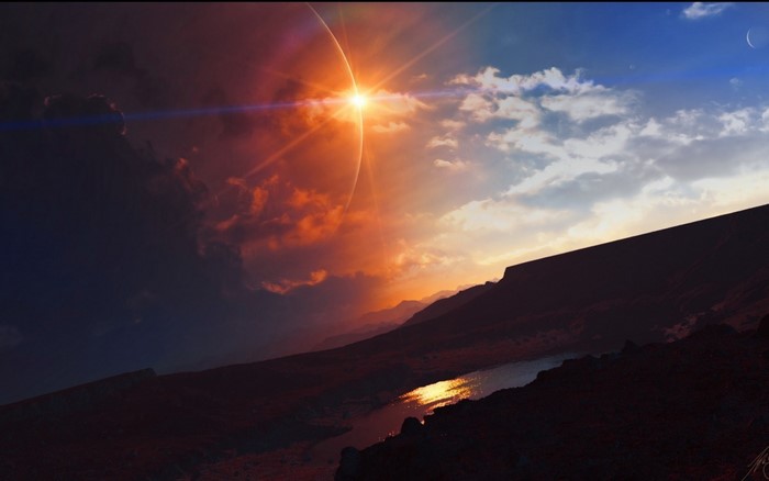 Alien planet sunset with sun and moon