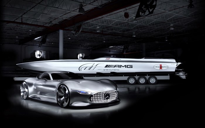 Mercedes-AMG Vision Gran Turismo car and Cigarette racing boat