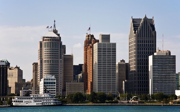Detroit Skyline with River and Ship