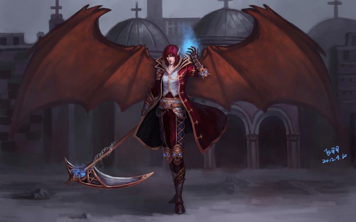Dragon-winged character with scythe in front of church