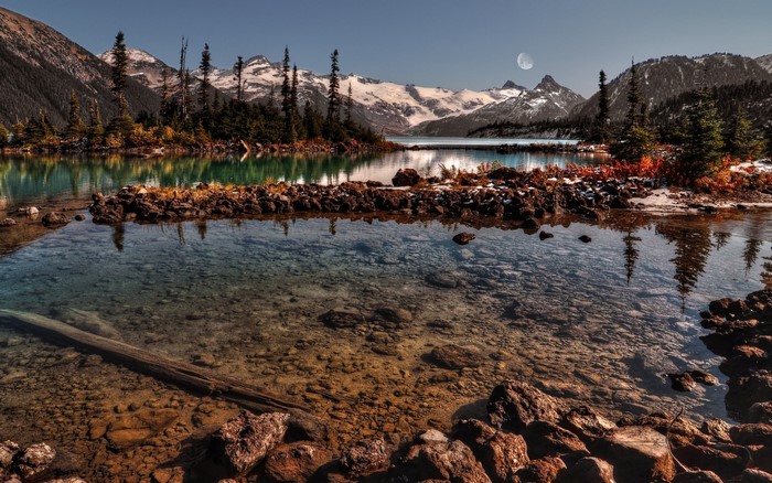 Mountain lake with snow-capped peaks and moon