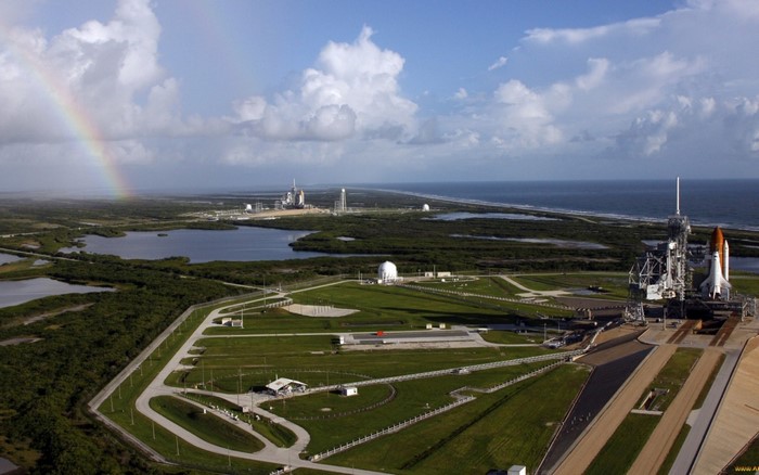 Space Shuttle on Launch Pad with Rainbow