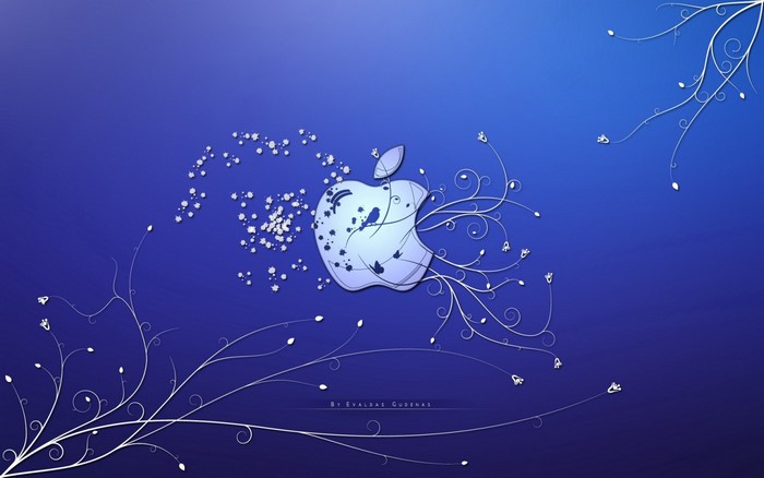 Apple Inc. logo with floral design on blue background