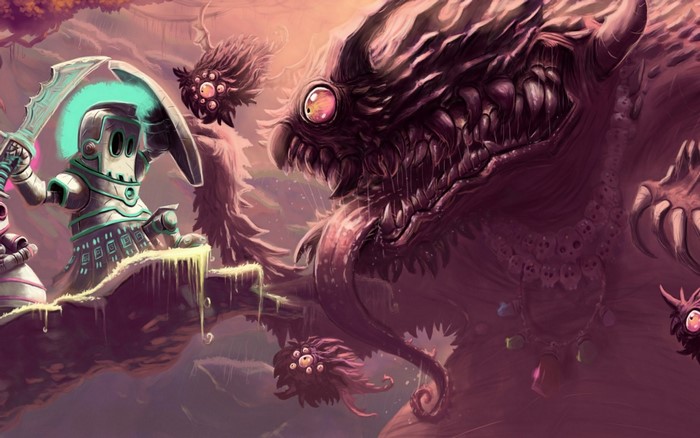 Knight fighting a large monster with small creatures