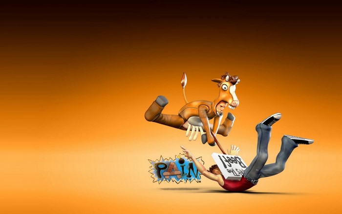 Man in cow costume attacking another man