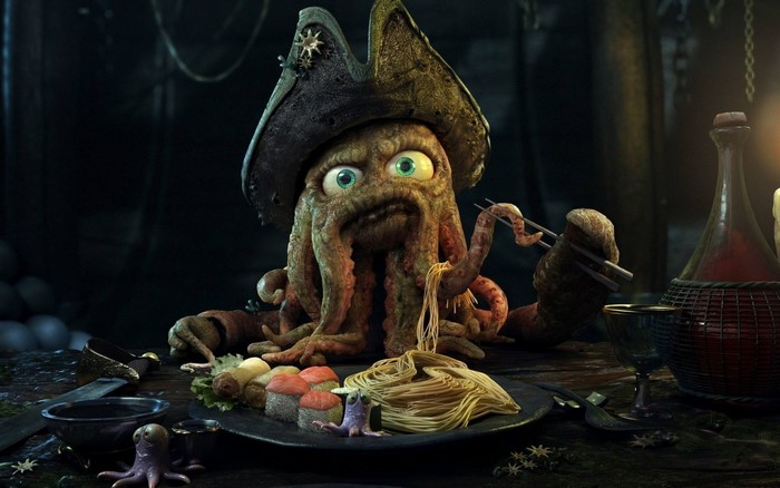 Davy Jones from Pirates of the Caribbean eating noodles