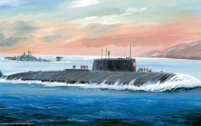 Russian submarines sailing in the ocean near a coast