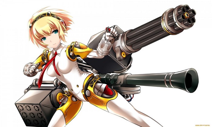 Aigis from Persona 3 holding a Gatling gun