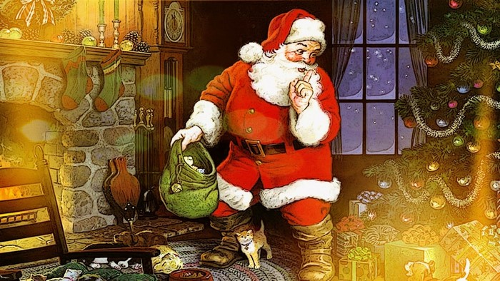 Santa Claus with a sack of toys near a Christmas tree