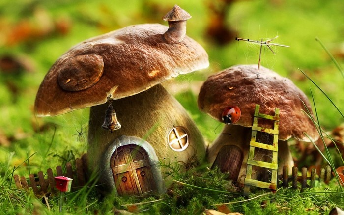 Enchanting Mushroom Houses in a Forest Setting