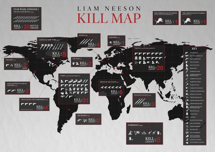 Liam Neeson Kill Map of Movies