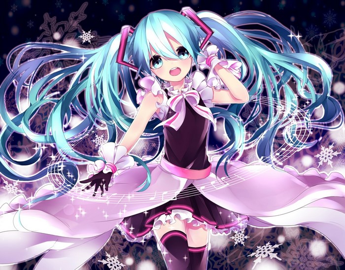 Hatsune Miku singing with musical notes and snowflakes