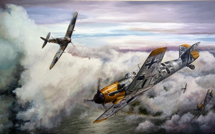 WWII fighter planes dogfighting in the sky