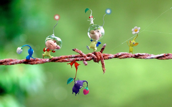 Pikmin characters on a barbed wire with a green background