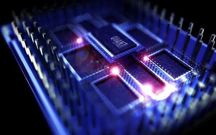 Close-up of a quantum computer chip with glowing lights