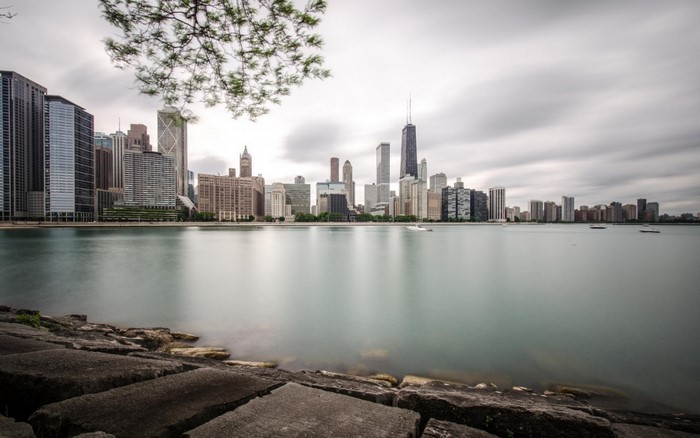 Chicago skyline over Lake Michigan on a cloudy day