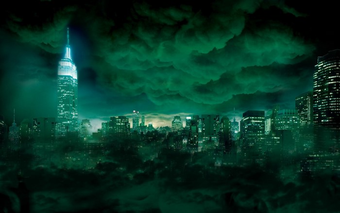 Cityscape at night with green clouds