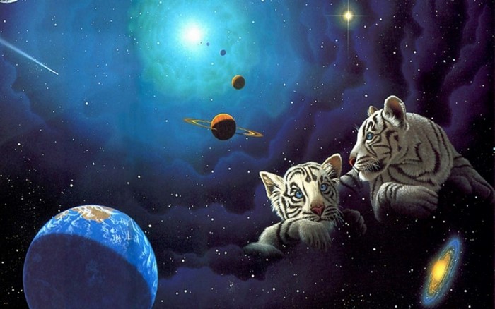 Two white tigers in outer space with planets and nebulae