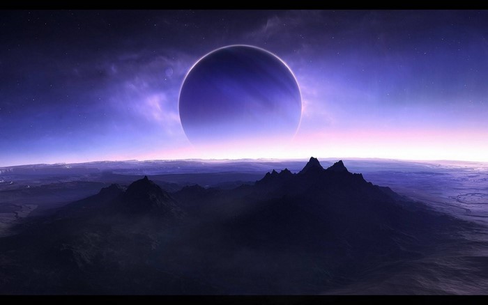 Digital art of a planet over a mountainous landscape