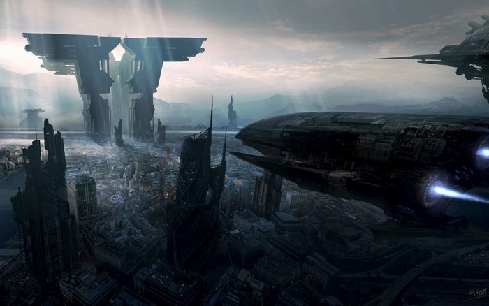Futuristic city with massive structures and a spaceship