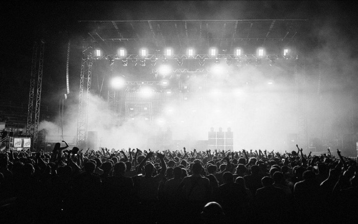 rock concert crowd black and white